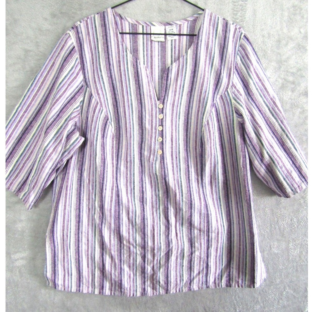 Rodmans 22W Striped V Neck‎ 3/4 Sleeve Linen Cotton Blend Tunic Top